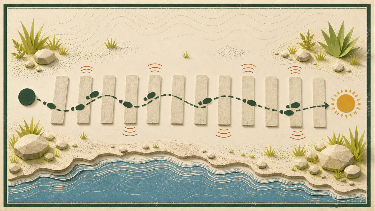 Original Beach Crosswalk timing schematic with shoreline, crossing lanes, footprints and a shared observation marker