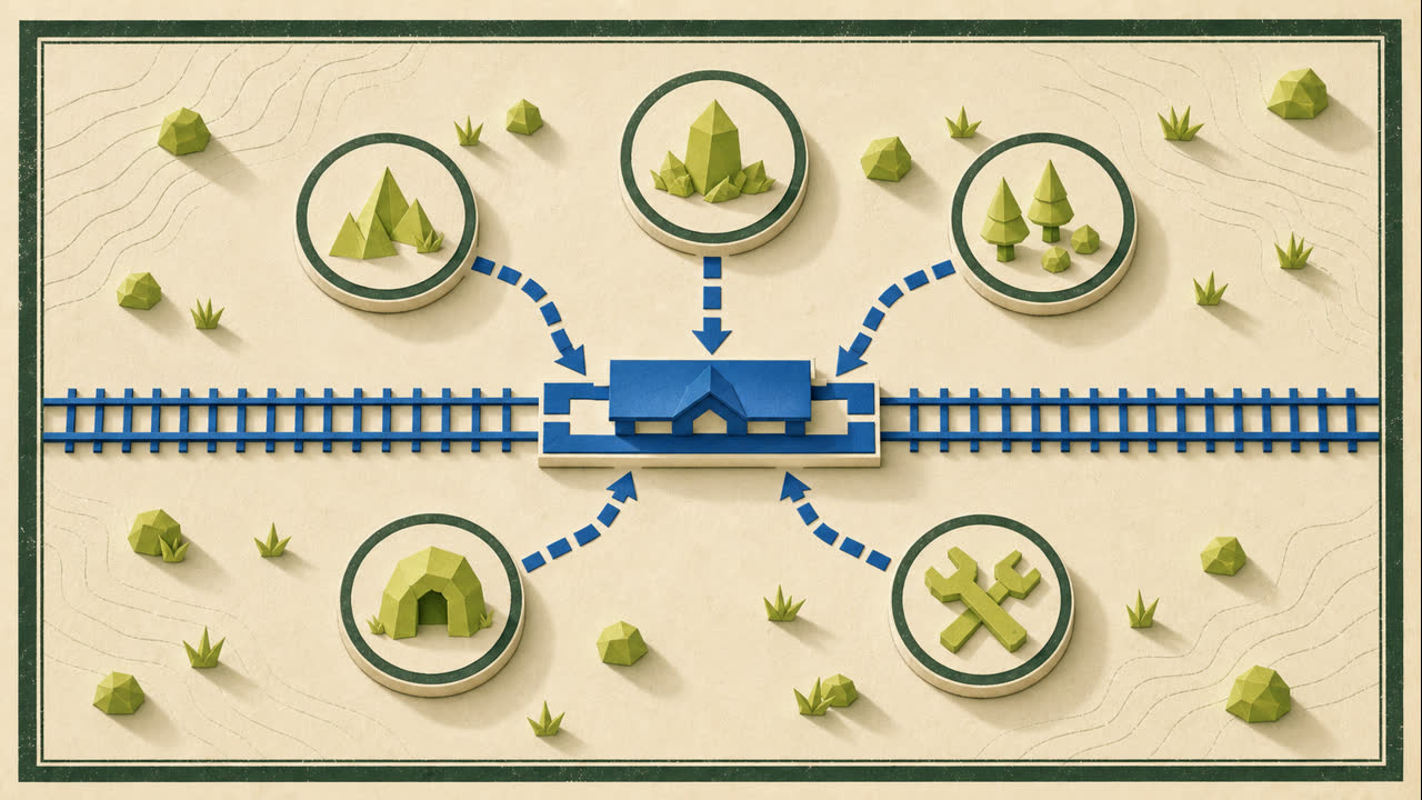 Original Blue route schematic with five challenge nodes feeding a station and two-track railway