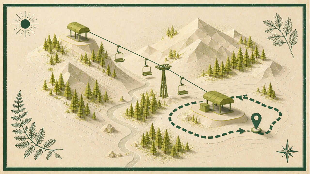 Original Green route schematic with a mountain chairlift, two stations and a tight search loop near the lower station