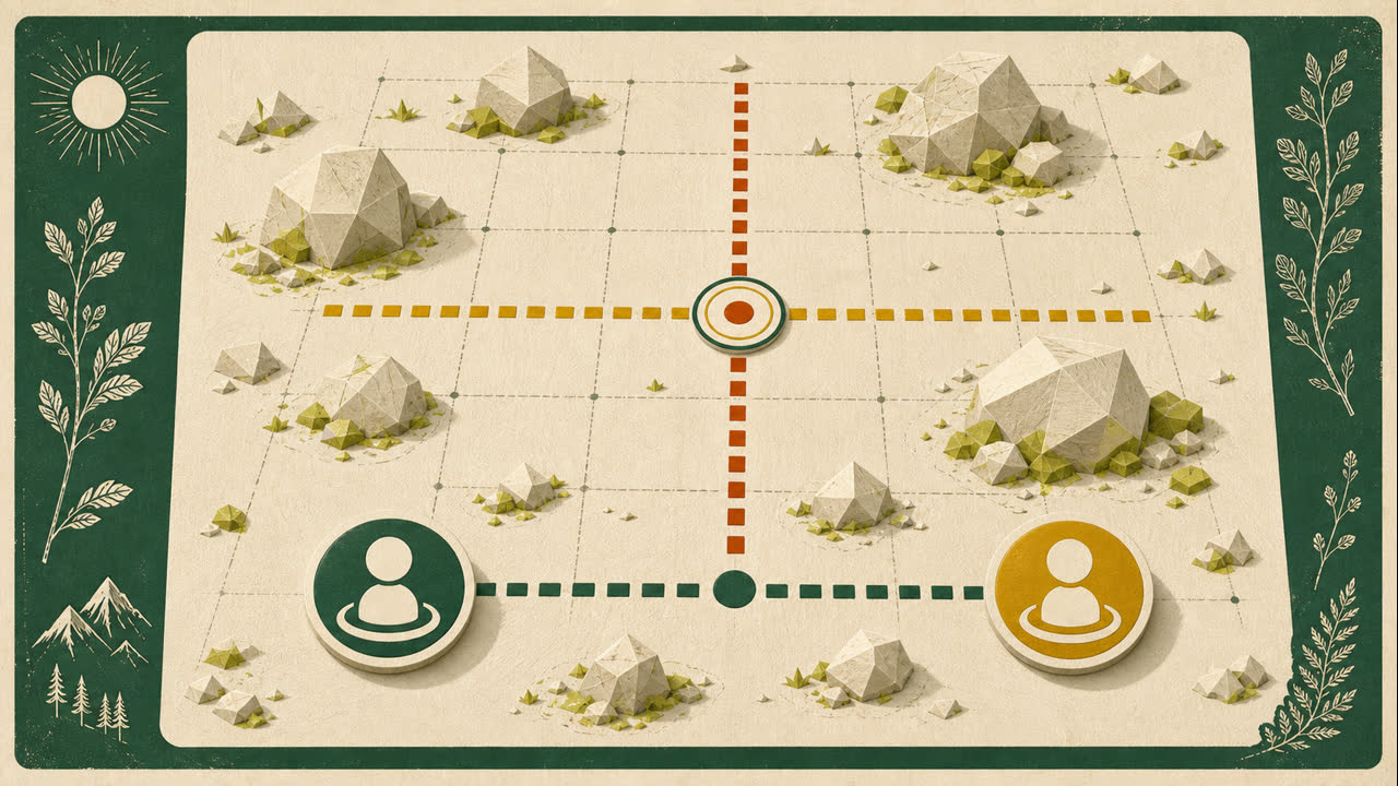 Original coordinate puzzle schematic with a target grid, rocks, a concealed button and two connected cooperation stations