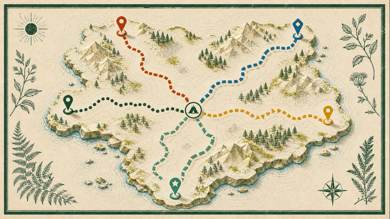 Original field-guide schematic with five colored Big Walk puzzle routes converging on a central base marker