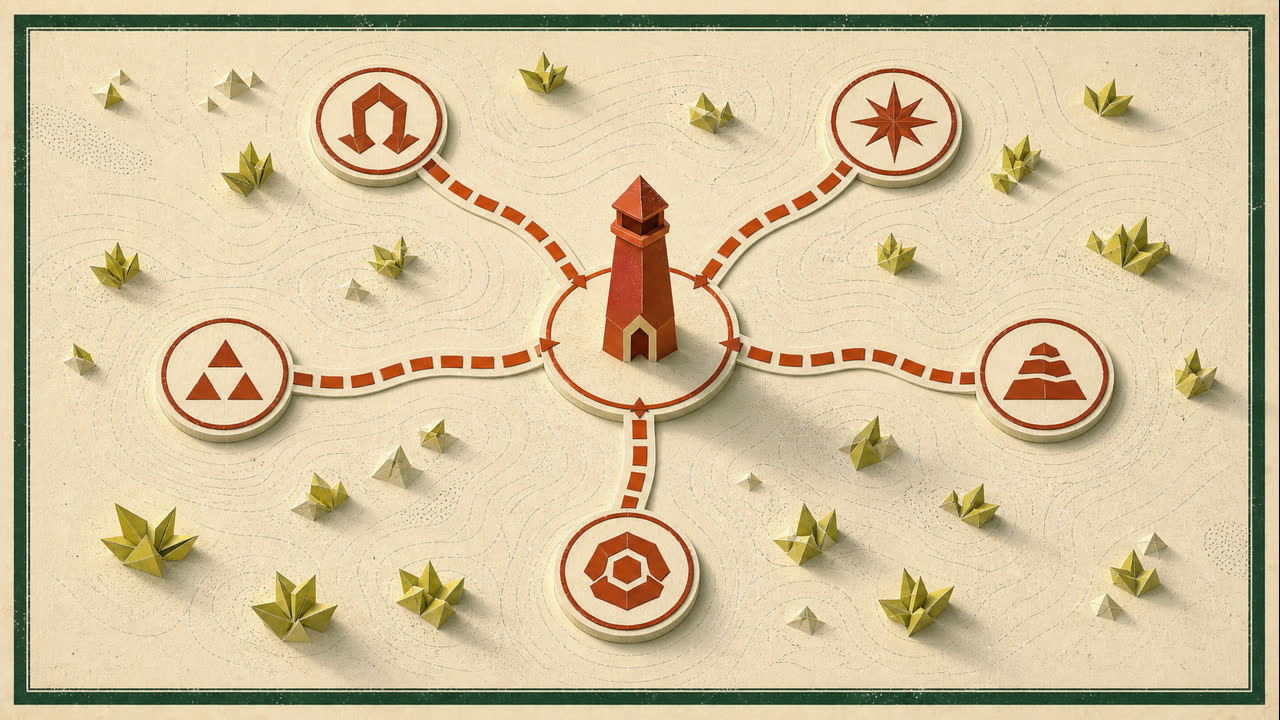 Original Red route schematic showing five challenge stops feeding one central tower and Map Room landmark
