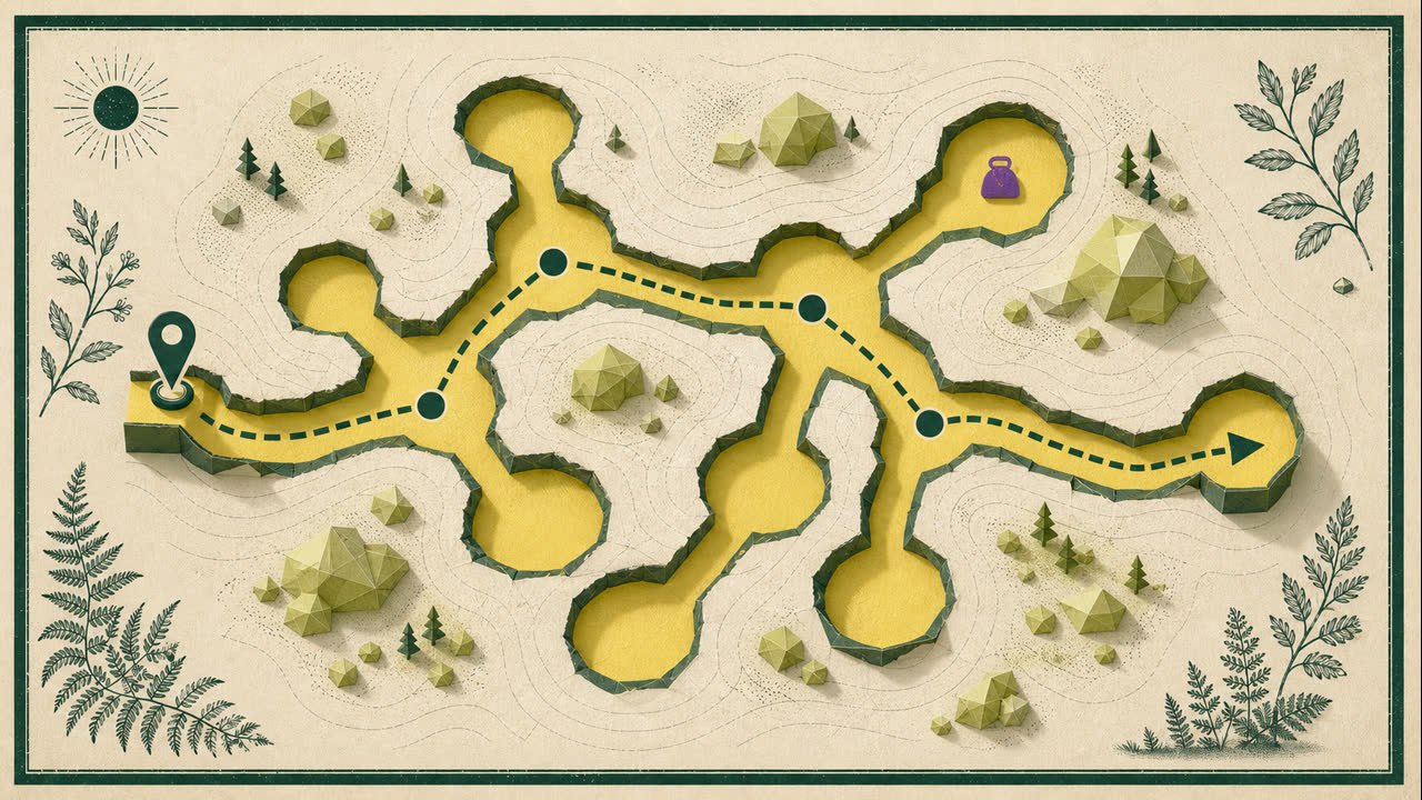 Original Yellow route tunnel schematic with branching junctions, breadcrumb markers, one exit and an uncertain purple bag cue
